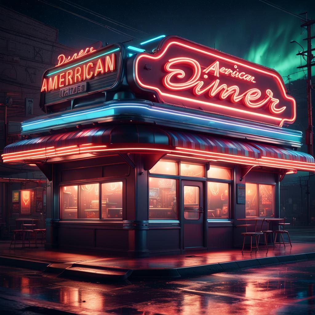 American Diner Neon Sign in Starry Night