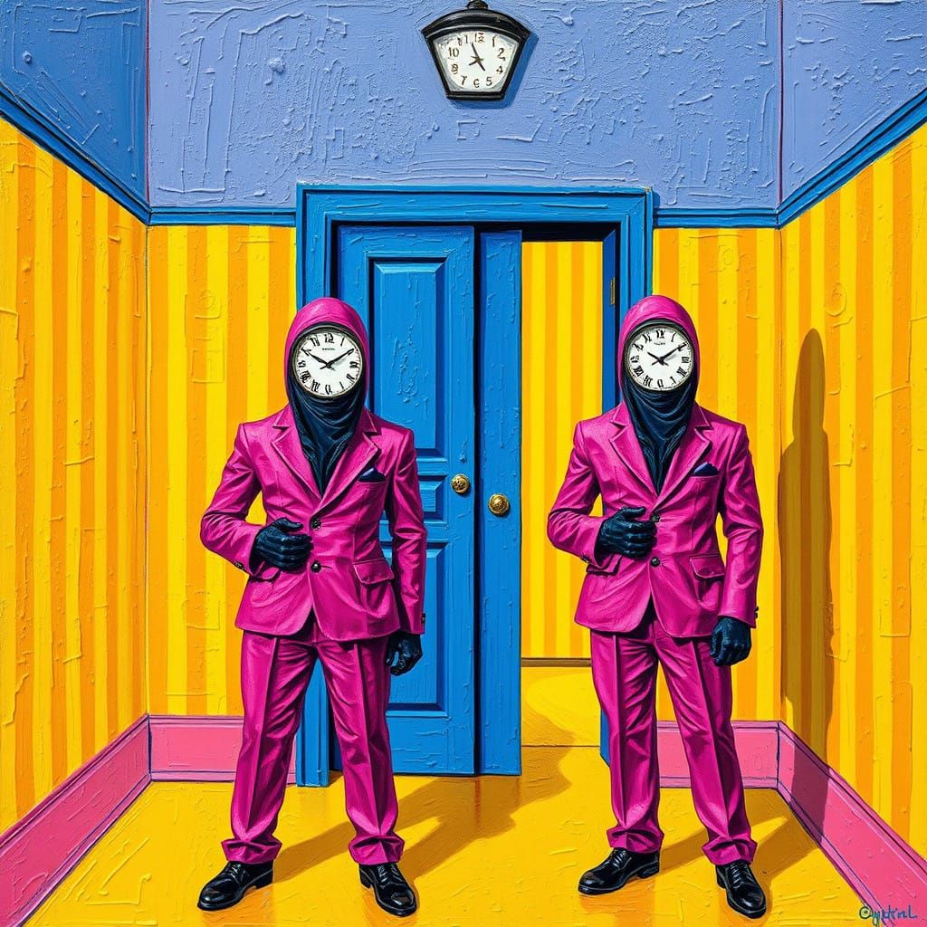 Mysterious Figures in Bold Pink Suits Guard a Bright Blue Do...