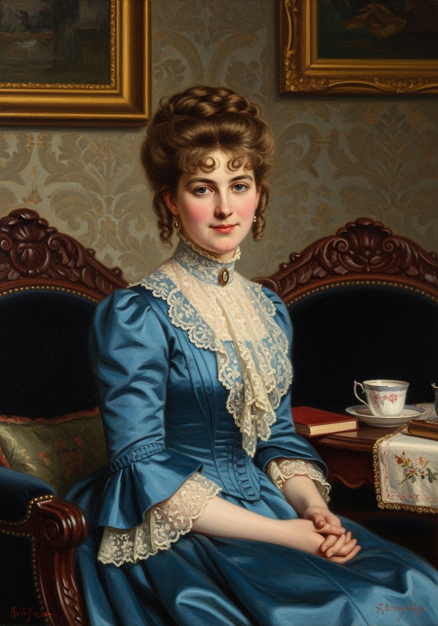 Victorian Woman in Blue Dress, Oil Painting Style