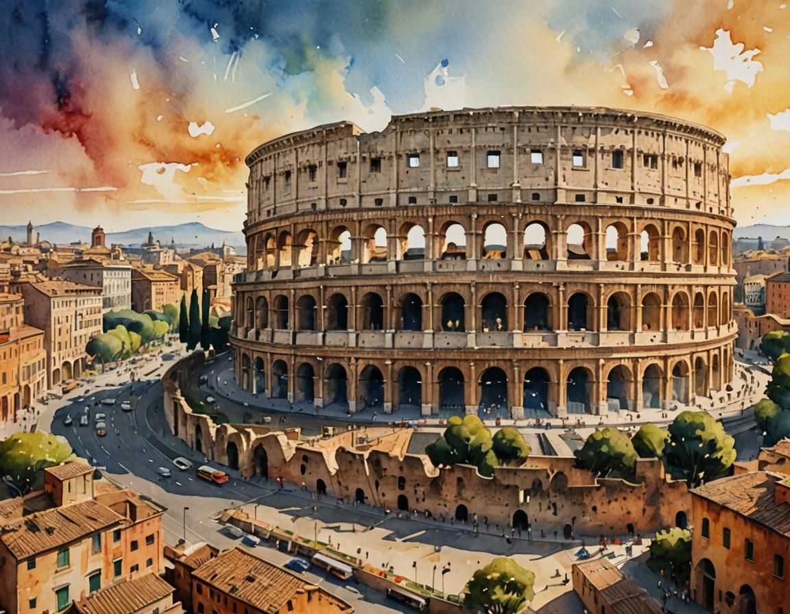 Rome Skyline with Colosseum in Watercolour