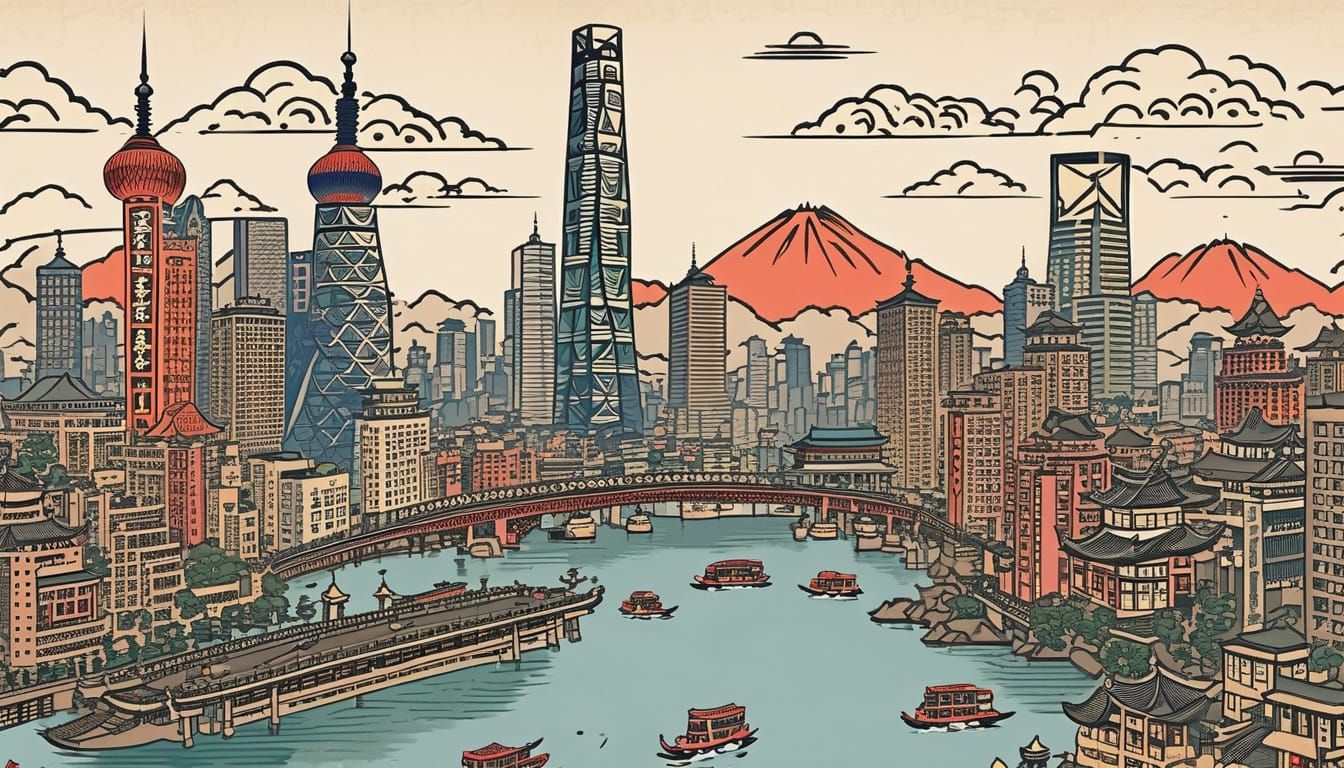 Ukiyo-e Style: Iconic Shanghai Cityscape