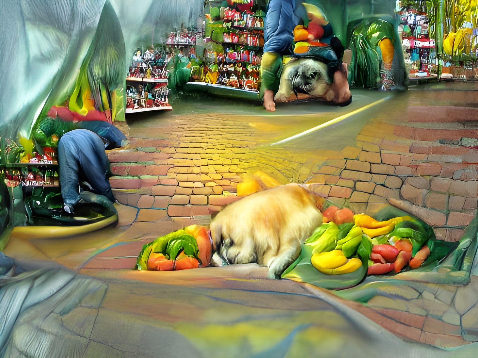 Market Scene with Man and Dog, in Rivera Style