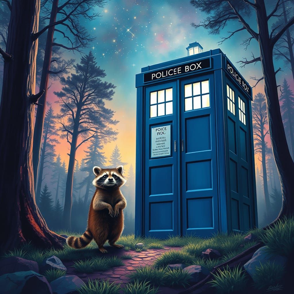 Curious Raccoon Stands Beside Shining TARDIS in Dreamlike Wo...