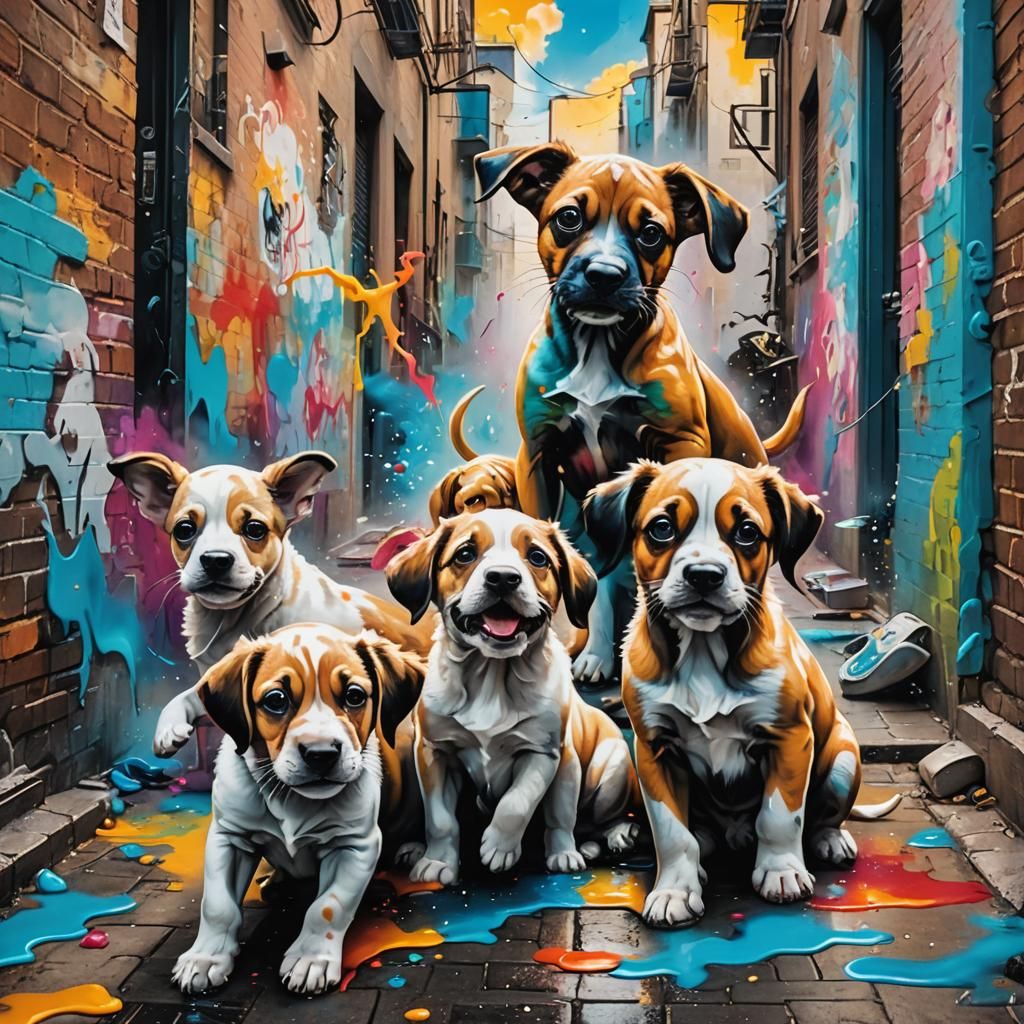 Puppies Playing in City Alleyway in Street Art Style