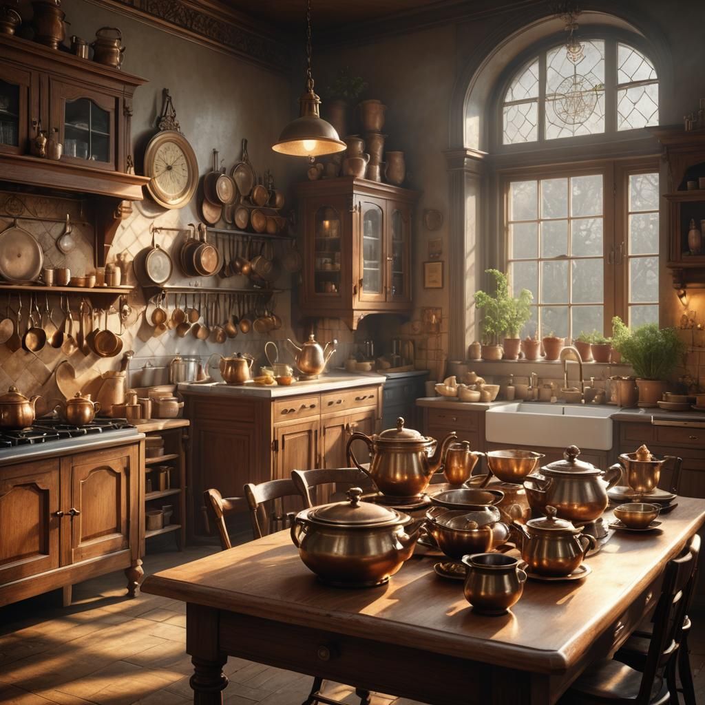 Victorian Kitchen in Hyperrealism Style, 8K Rendering