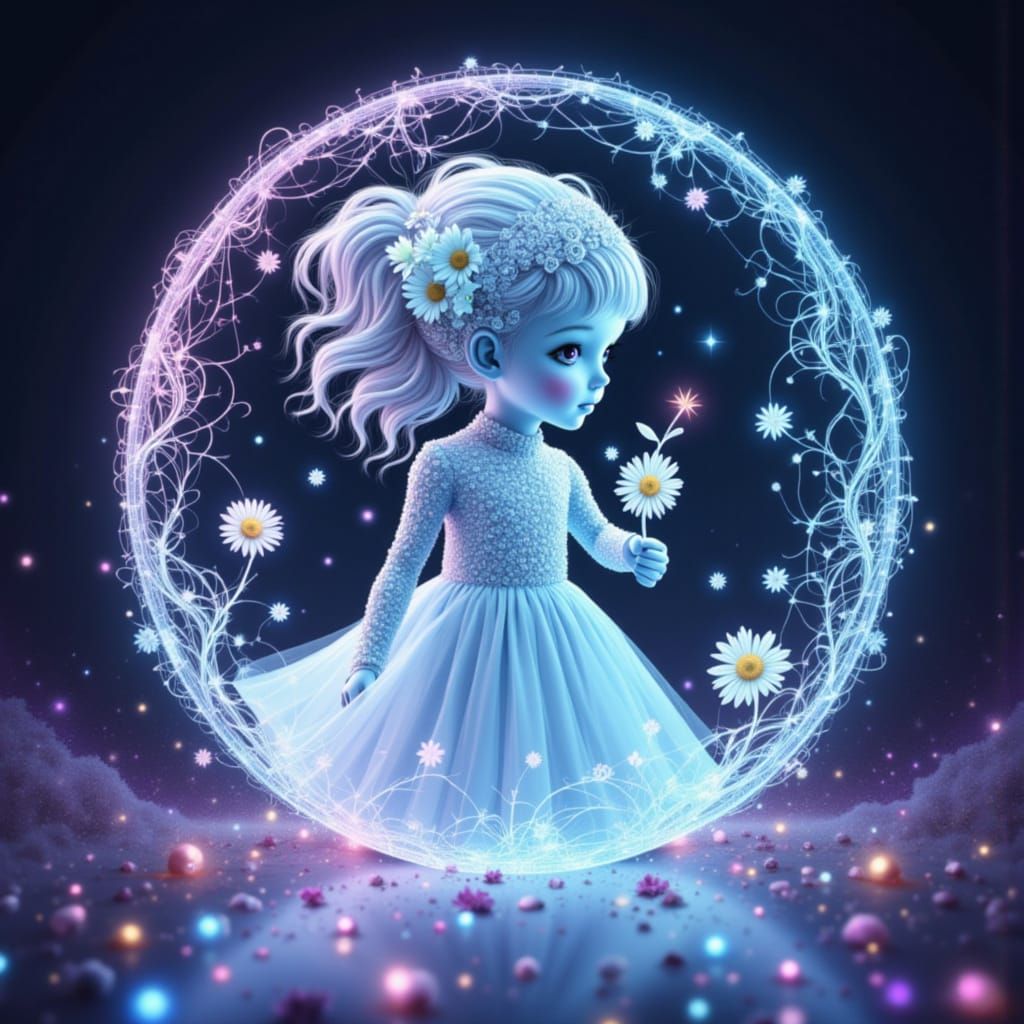 Neon Android Girl with Cosmic Dreams in Mandala Style