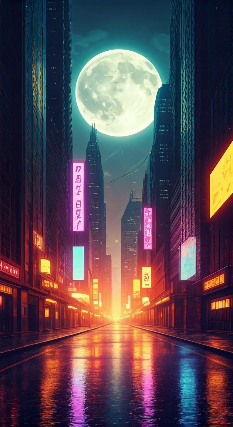 Neon Metropolis Under a Giant Moon in Cyberpunk Style