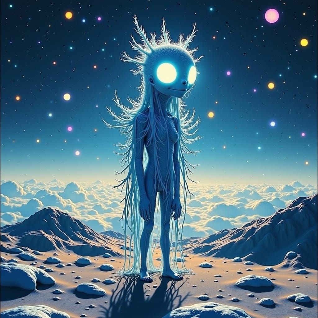 Beautiful Silver Alien on Jupiter Landscape