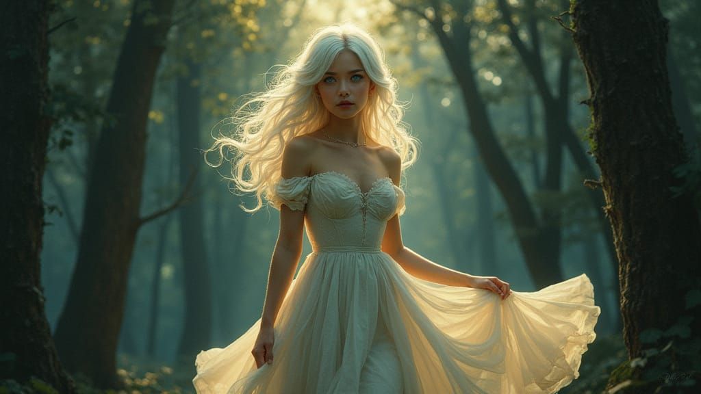 Serene Moonlit Forest Scene with Vintage Woman