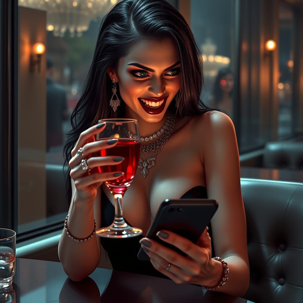 Elegant Vampire in Dark Cafe Atmosphere