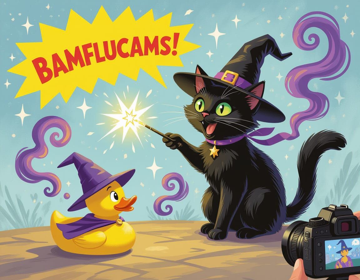 Magical Cat Wizard Casting Spell on Rubber Duck