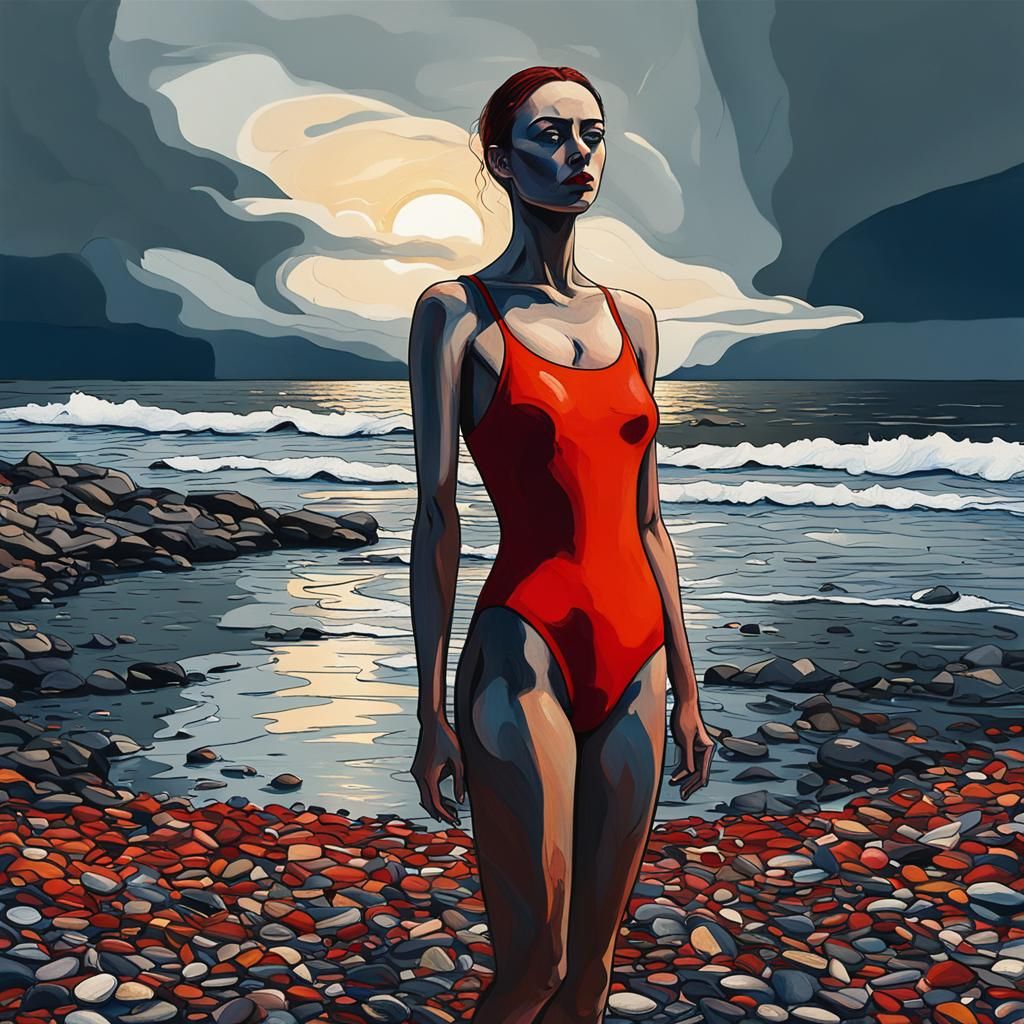 Melancholy Woman on Pebble Beach in Expressionist Art