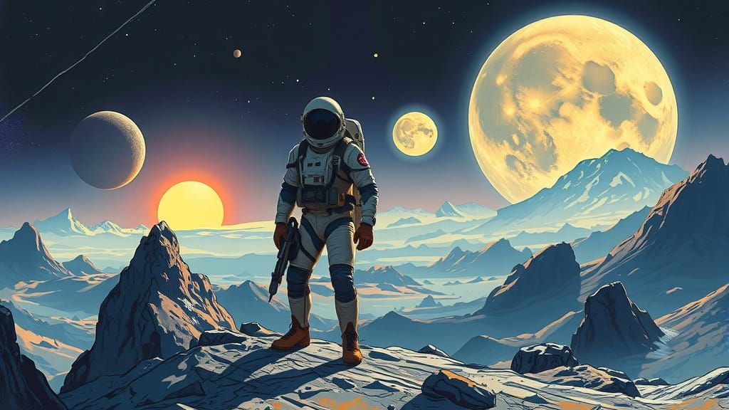 Brave Explorer on Distant Moon with Twin Suns and Noctilucen...