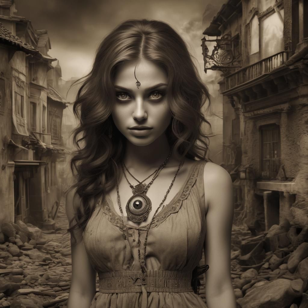 Sepia Portrait of a Naughty Girl with Evil Eye