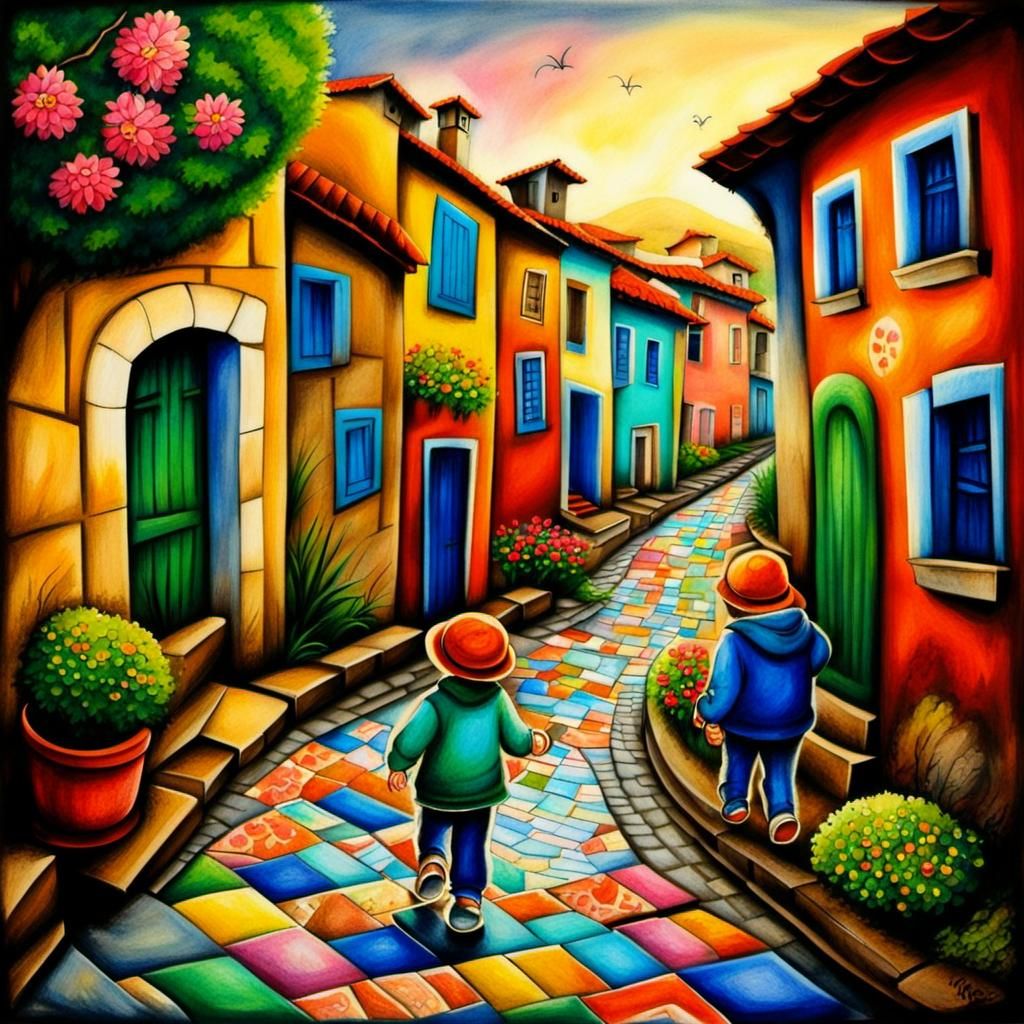 Cartoon Children Playing on Portuguese Street