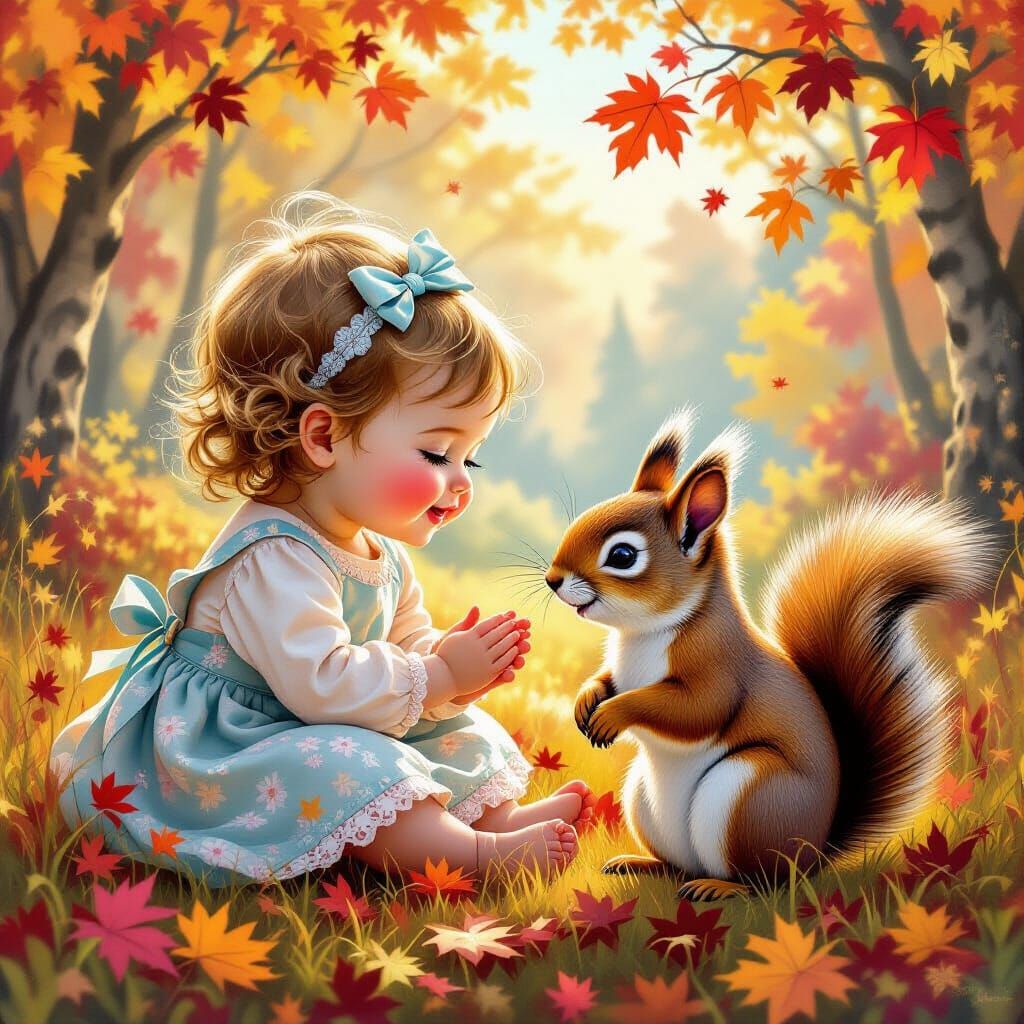 Baby Girl and Squirrel in Fairytale Autumn Landscape, Diamon...