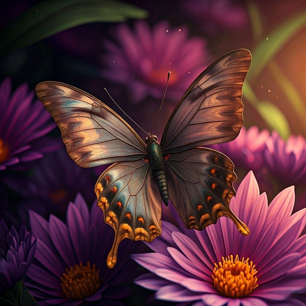 Iridescent Butterfly on Violet Petals in Watercolor Style