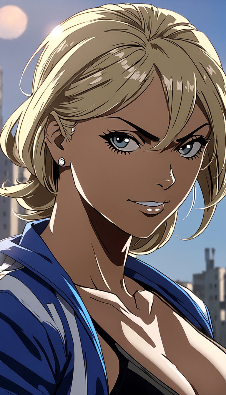 Anime-Style Female Bodybuilder Portrait in Dynamic Cel Shadi...