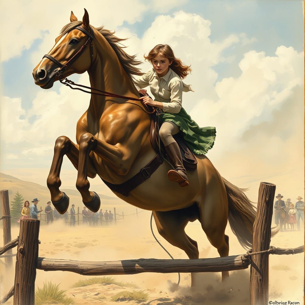 Equestrian Leap: Vintage Illustration of Girl on Horse