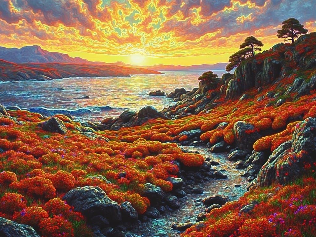 Scottish Autumn Landscape in Stained Glass Style