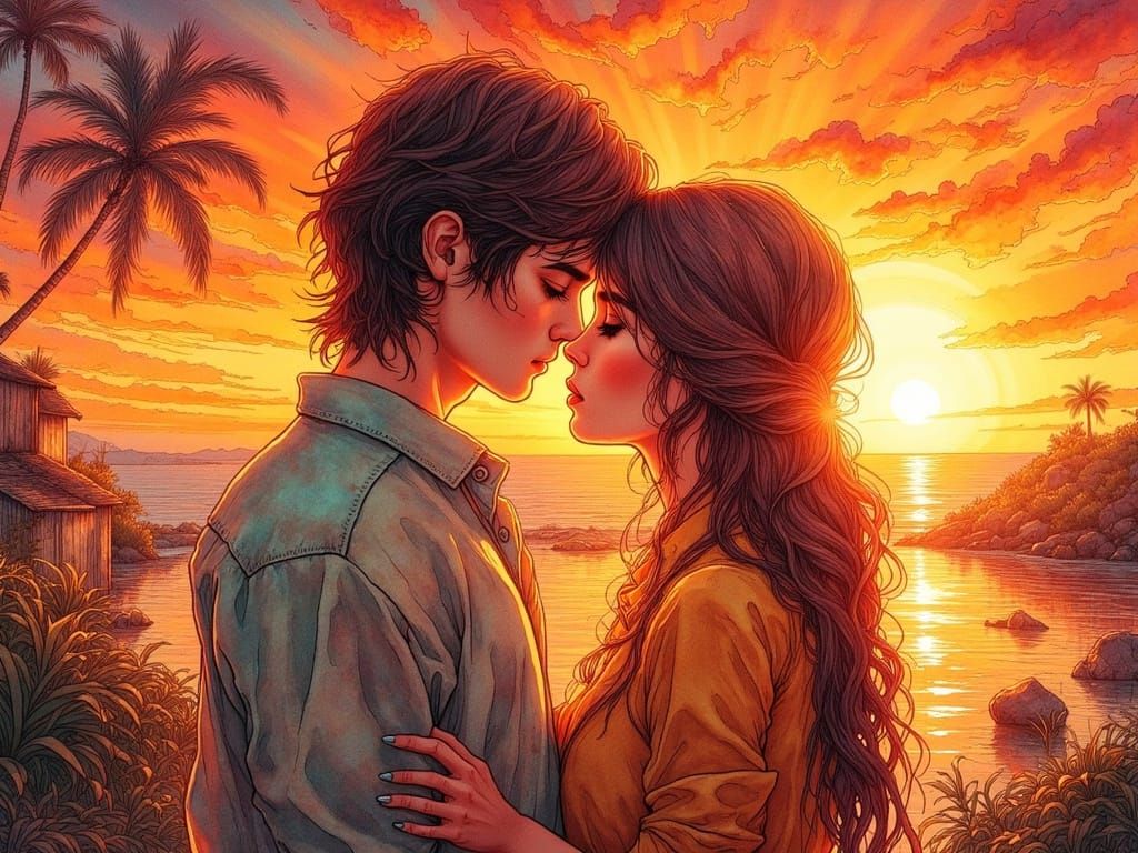 Nostalgic Sunset: A Romantic Comic Illustration