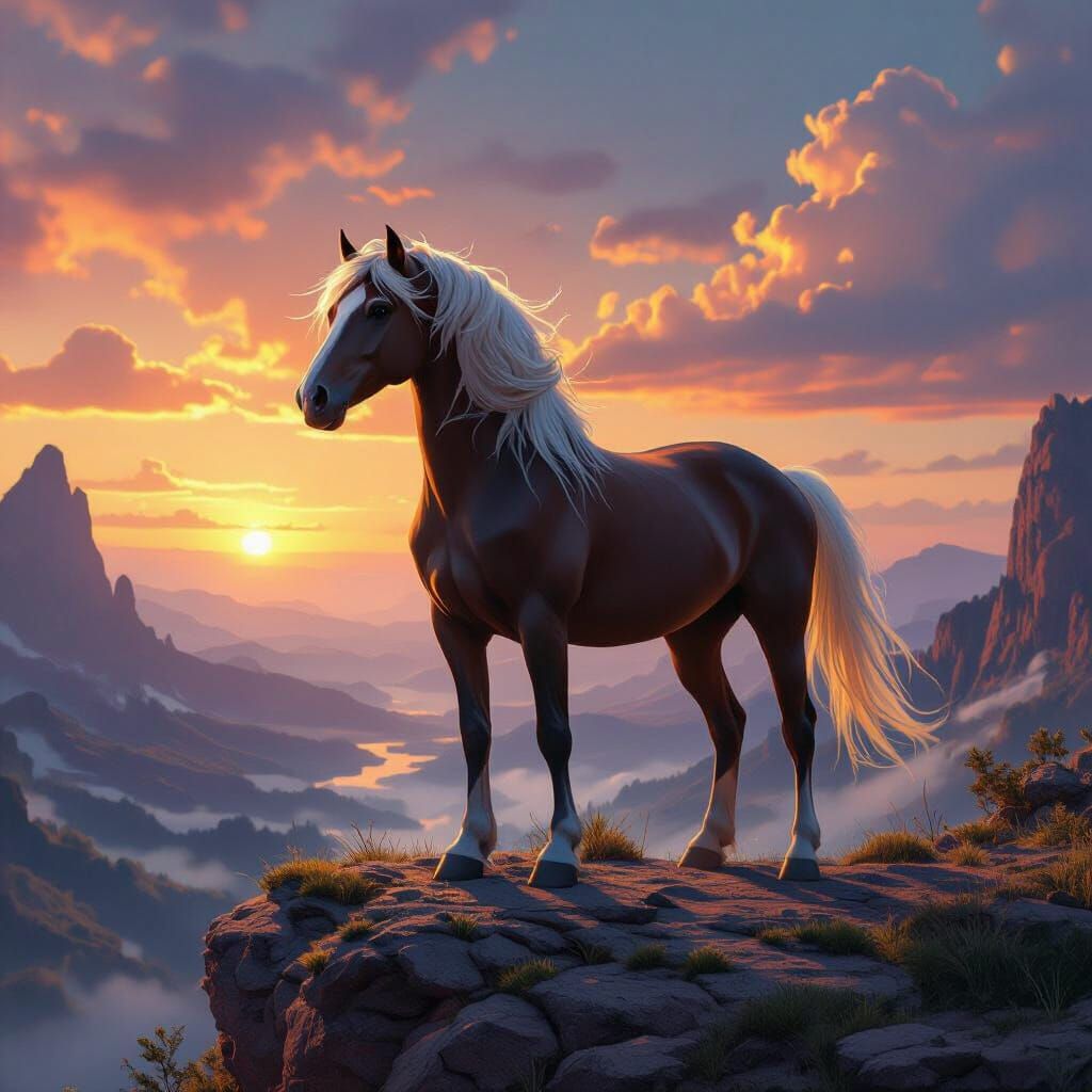 Majestic Horse on Rocky Outcrop in Mystical Valley