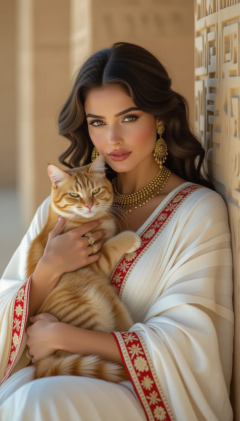 Ancient Egypt Fashion: Curvy Woman with Golden Cat