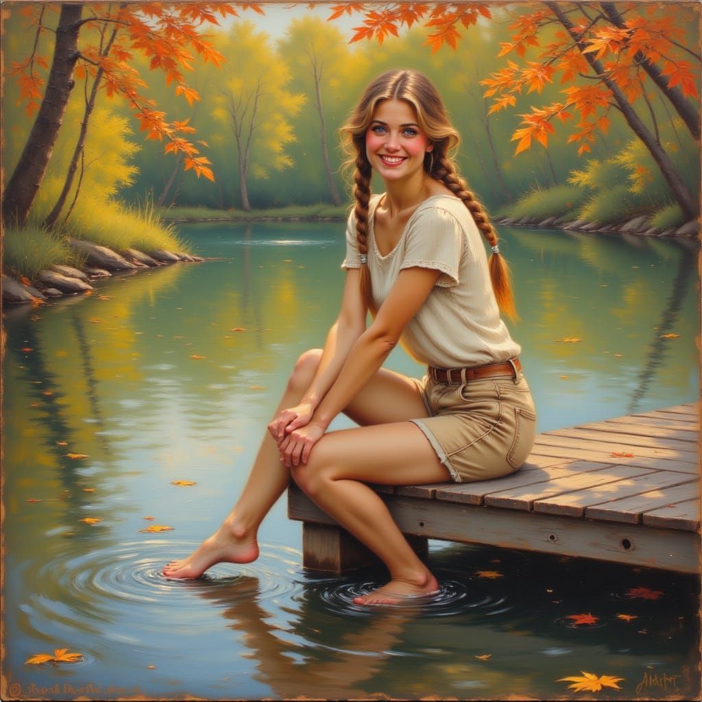 Woman on Pier in Autumn Light, Impressionist Oil Painting