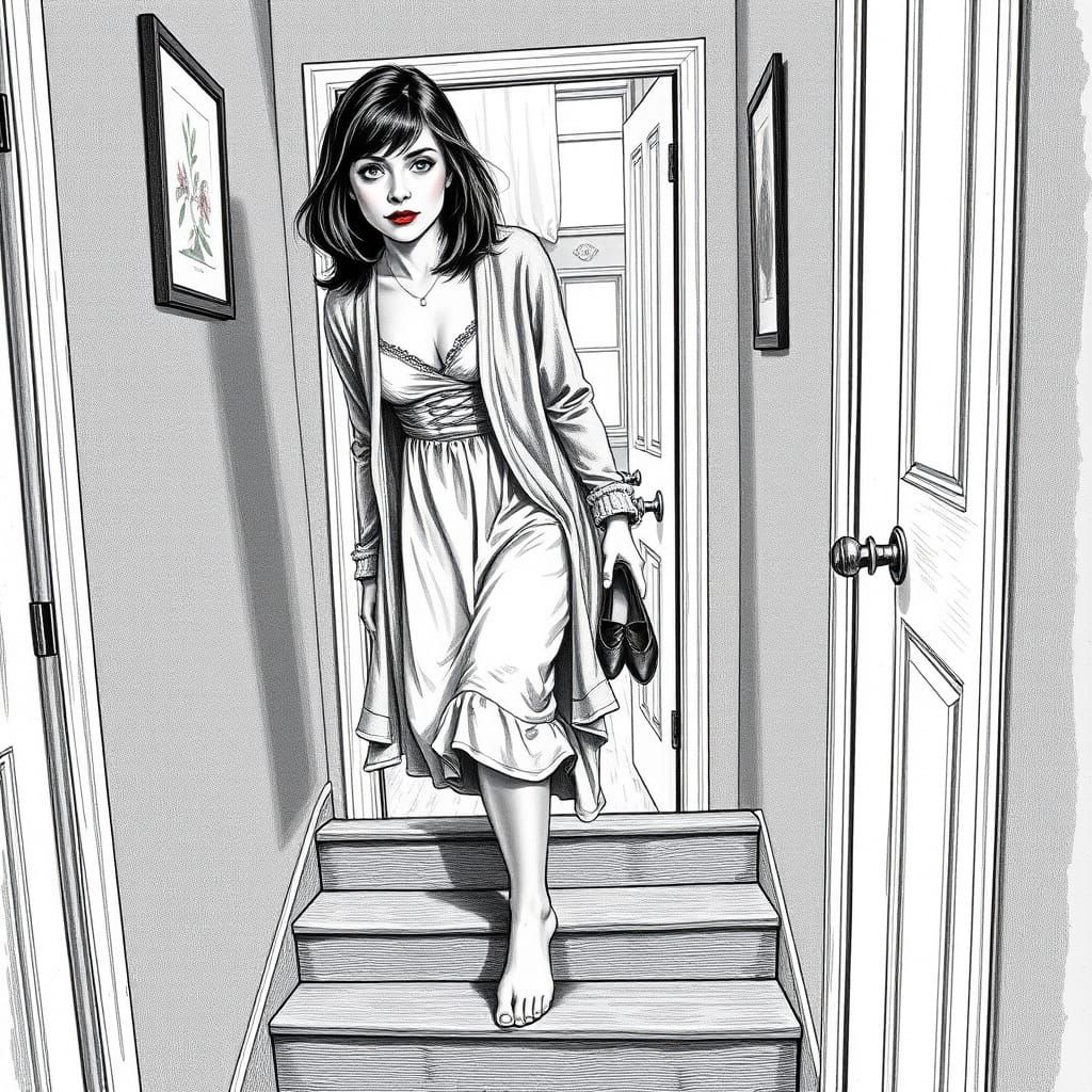 Woman Tiptoeing Home: Classic Black and White Engraving