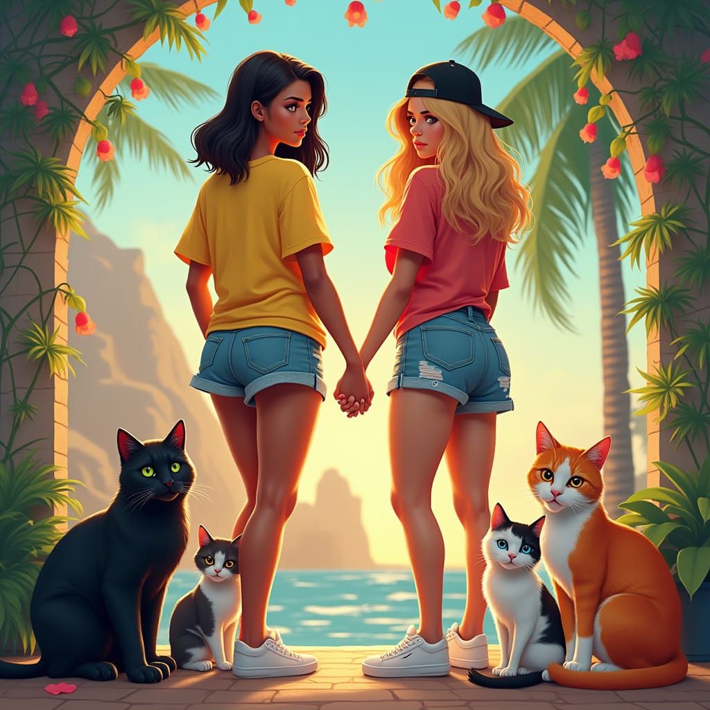 Two Women Embody Unity and Love Surrounded by Lovable Cats i...