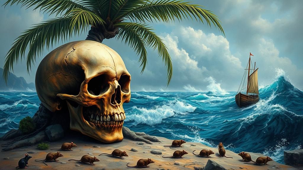 Skulls talking to each other under a palm tree on a deserted...