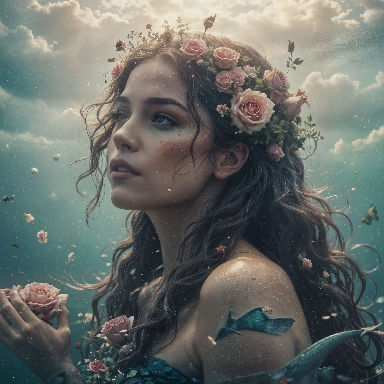 Mermaids Singing in Floral Clouds: A Cinematic Still