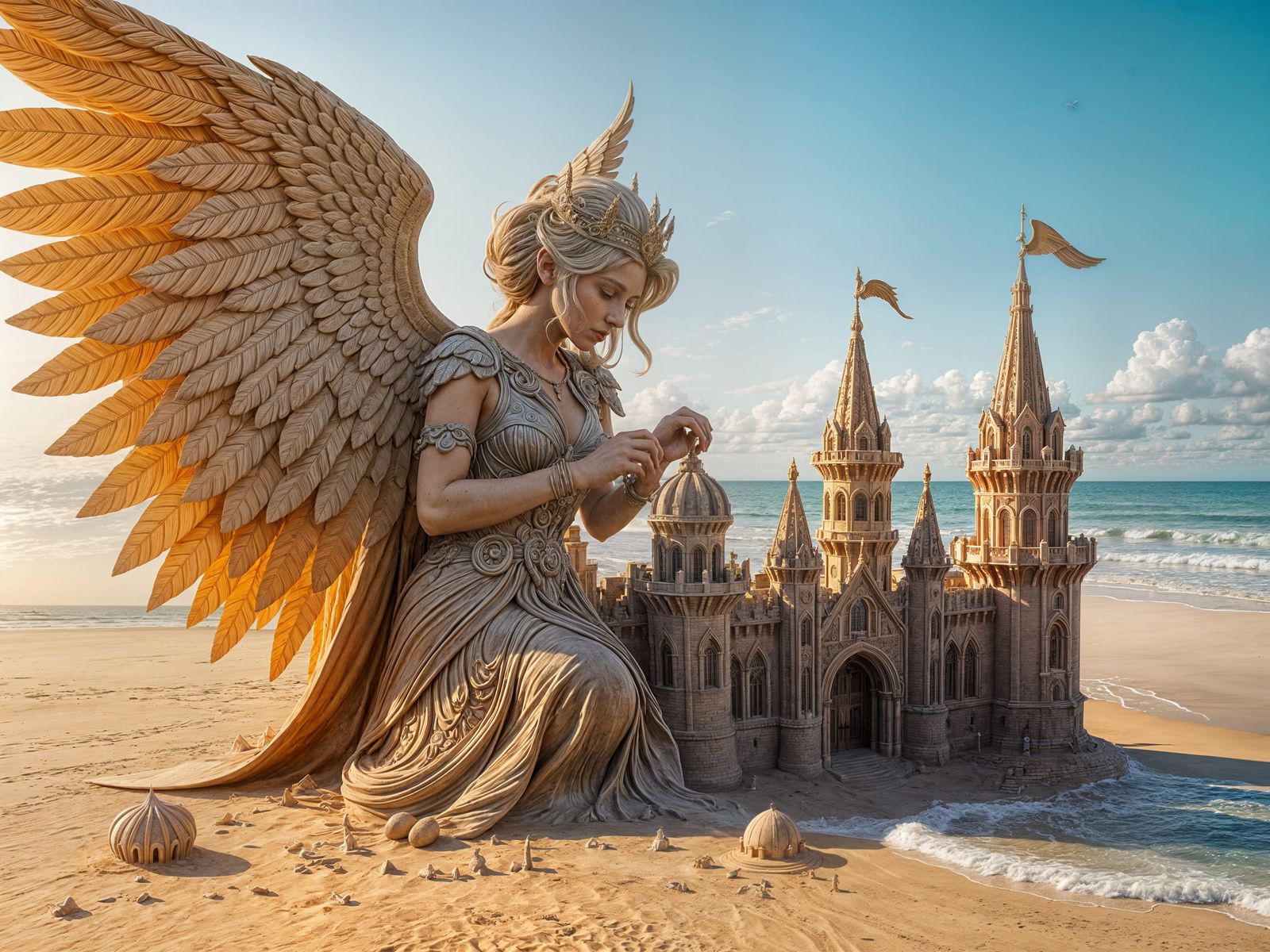 Mythical Queen Constructs Majestic Coastal Castle in Realist...