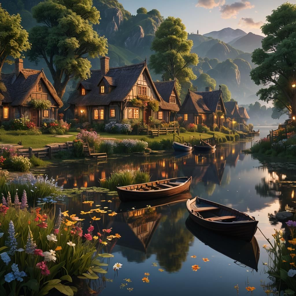 Riverside Village: Evening Light in Matte Painting Style