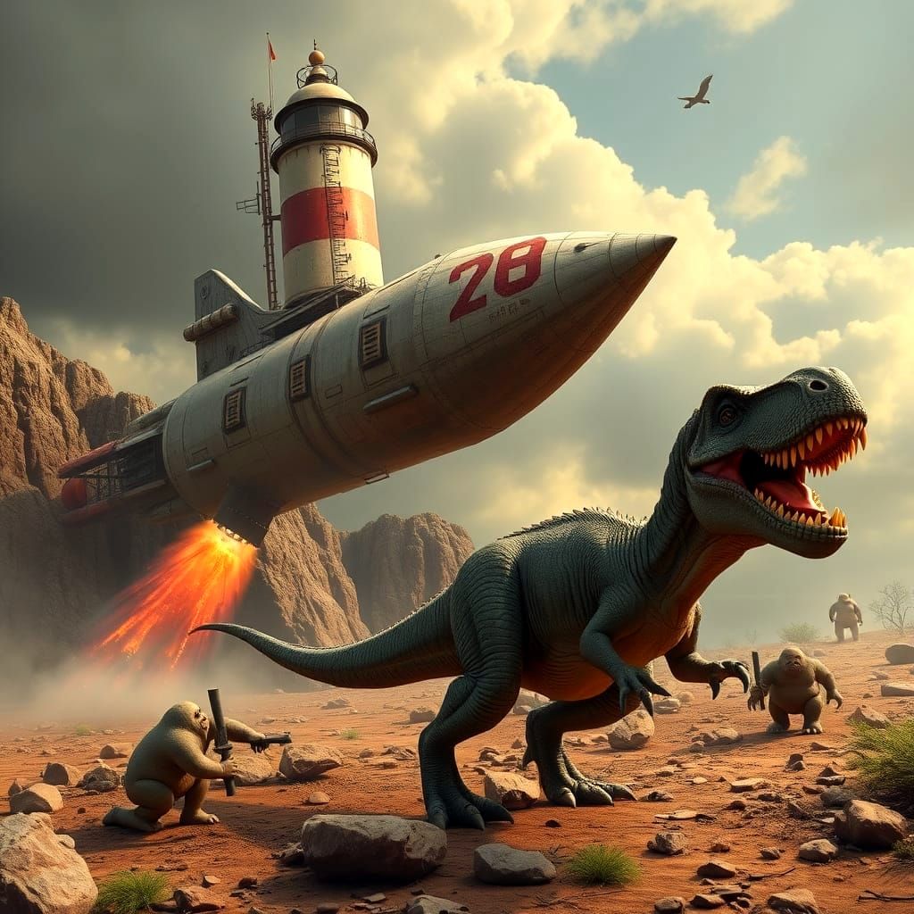 Time Traveling Lighthouse Rocket Lands in Jurassic Period