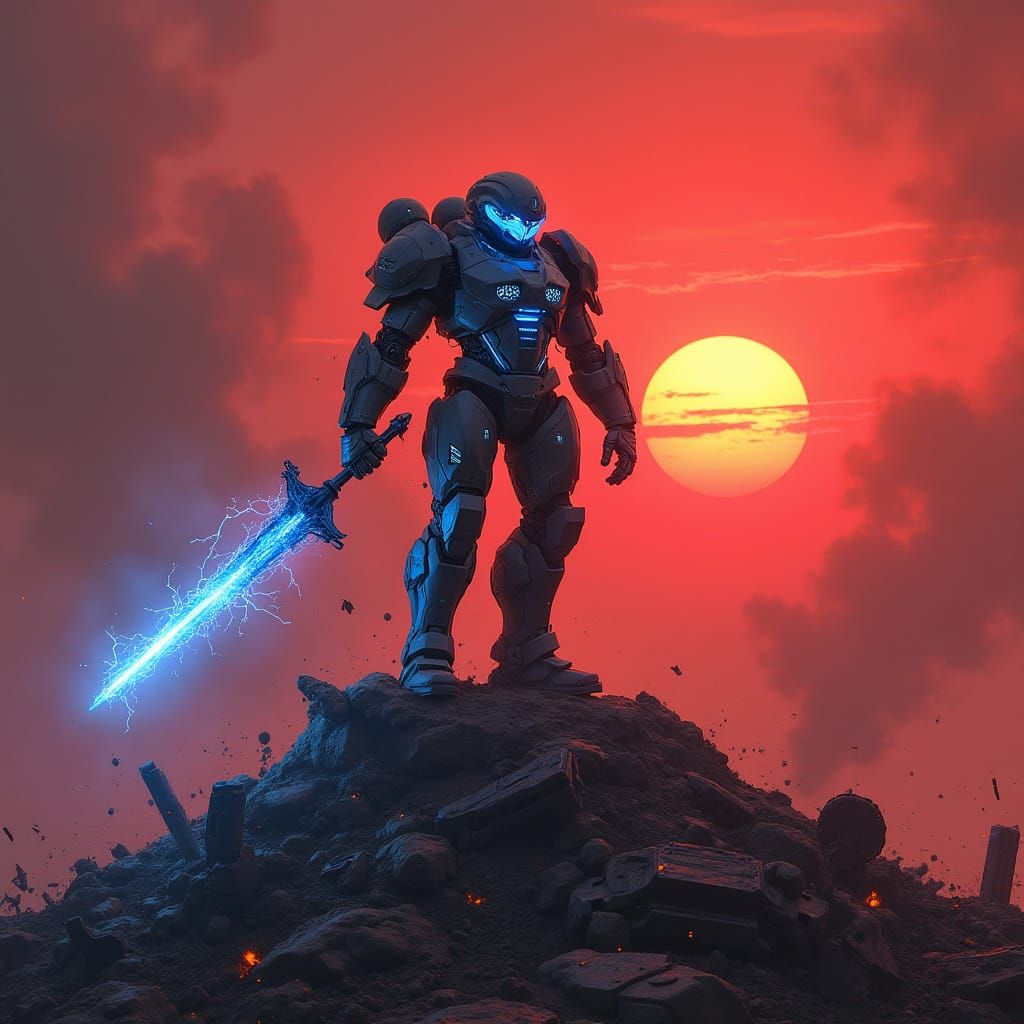 Warrior on Mountain of Shattered Mechs at Sunset