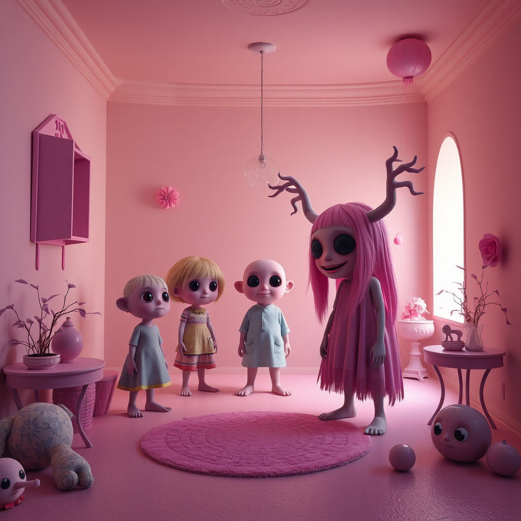 Friendly Characters in Surreal Room, Detailed Matte Painting