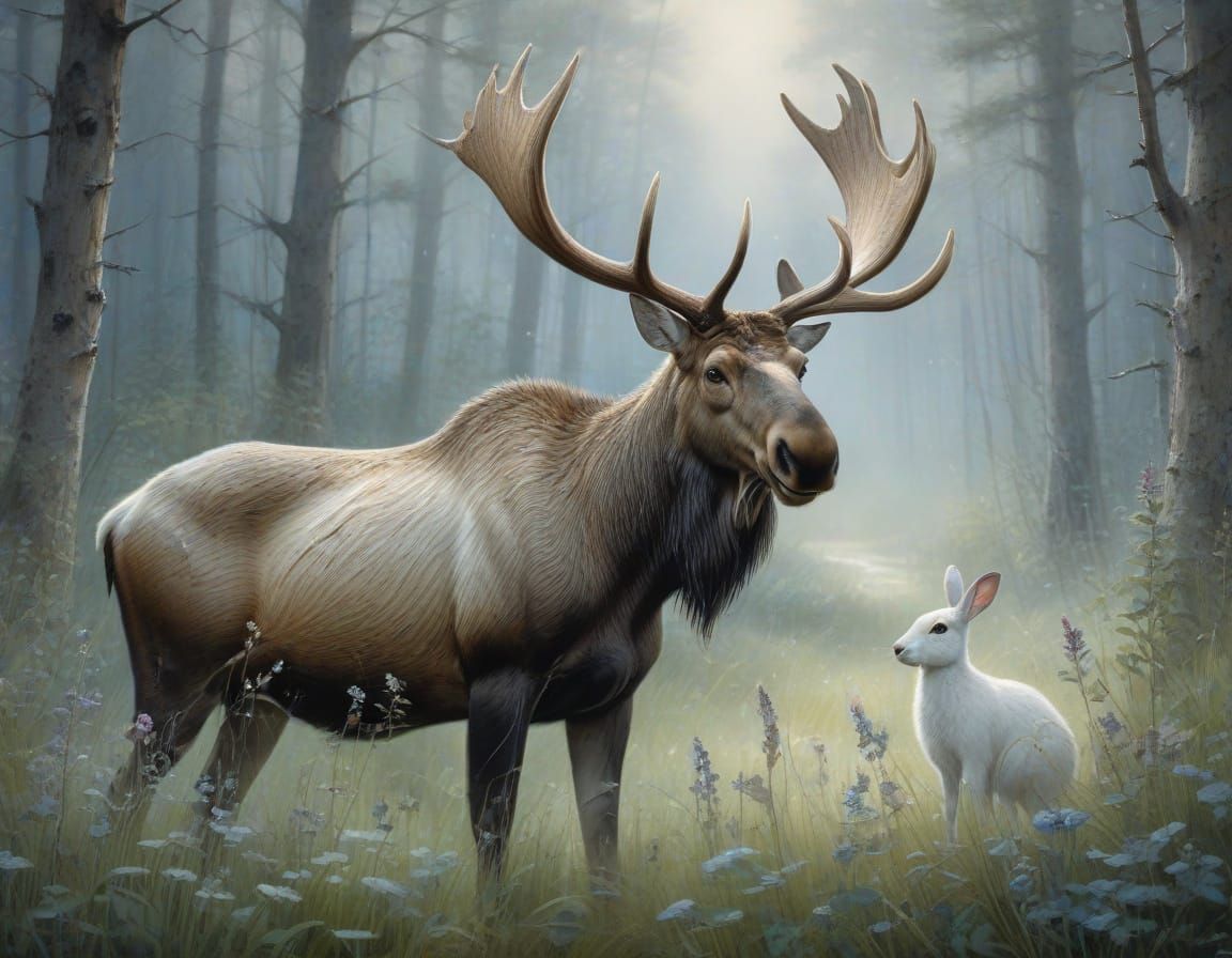 Mystical Moose Encounter in Soft Pastels