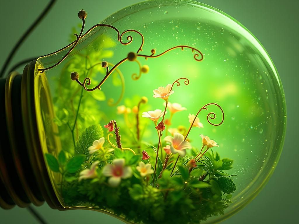 Miniature Garden Thriving Inside a Glowing Light Bulb