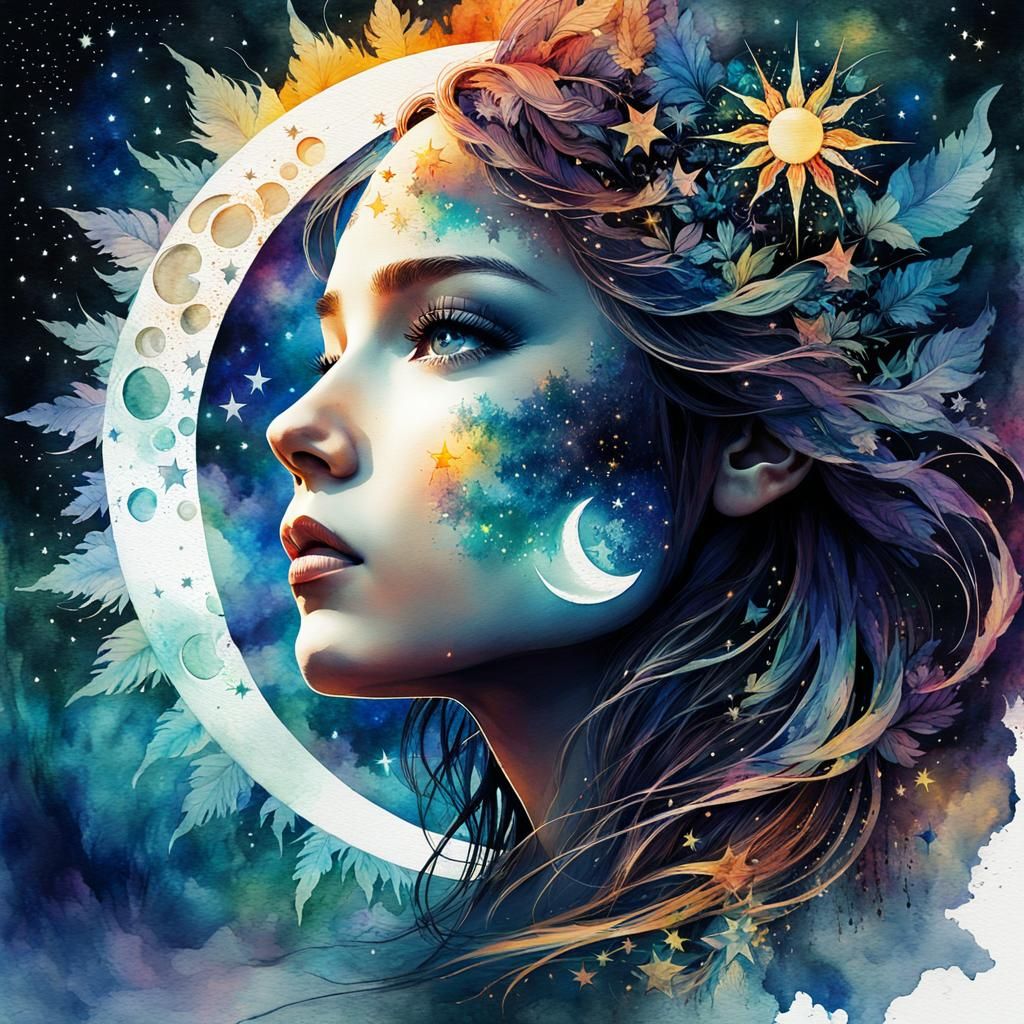 Fantasy Double Exposure Watercolor Face in Night Sky