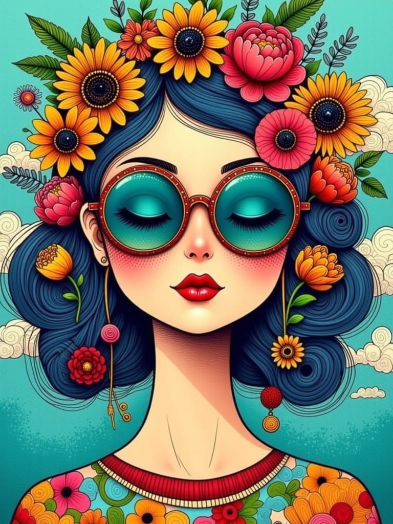 Psychedelic Pop Art Woman with Floral Crown