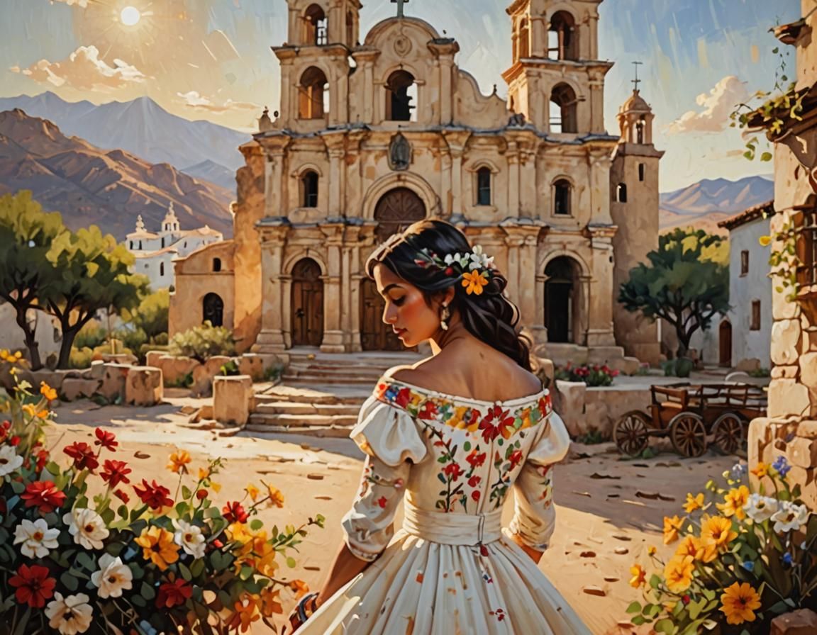 Romantic Embrace Before Old Spanish Church, Impressionistic ...