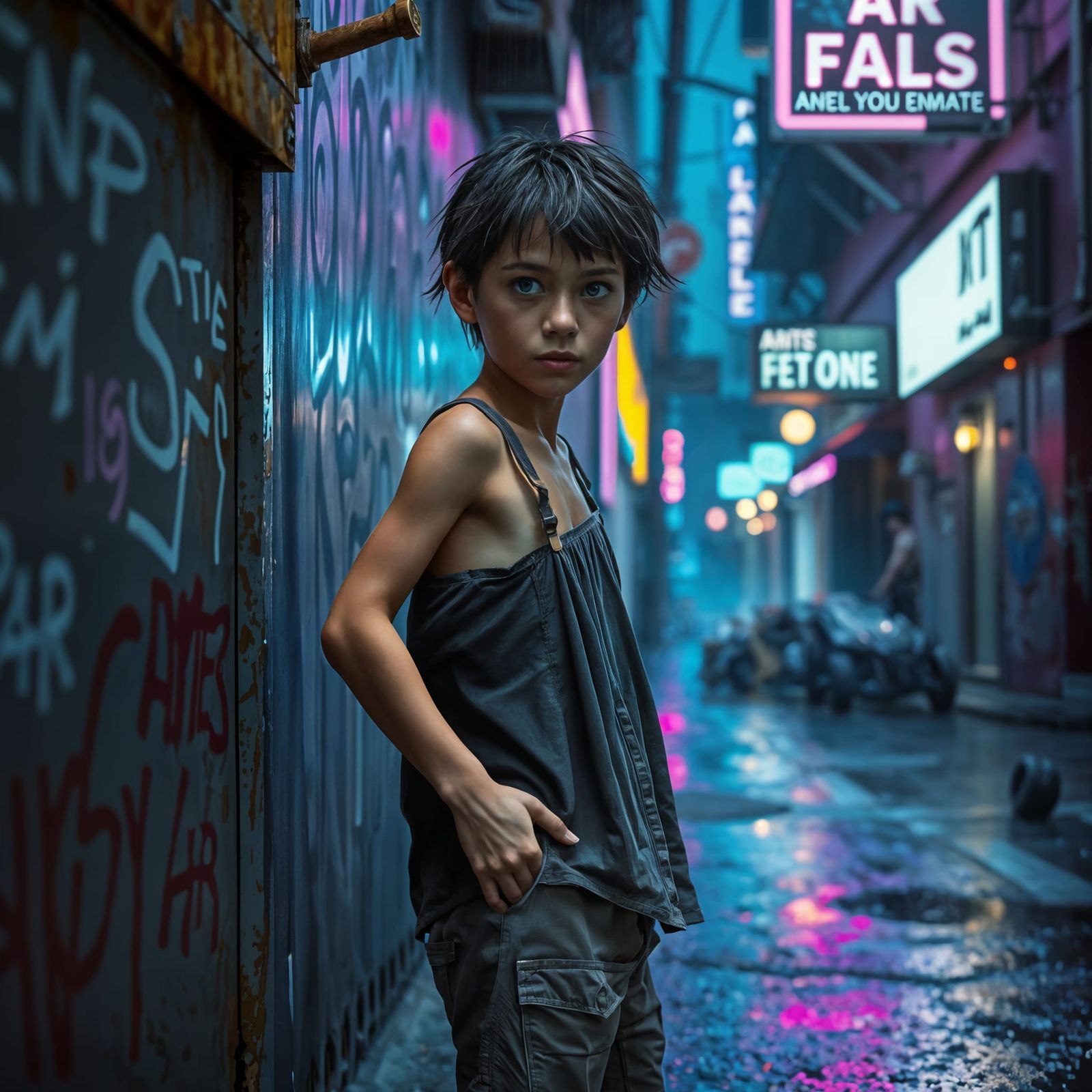 Street Kid in Rainy Cyberpunk Alley