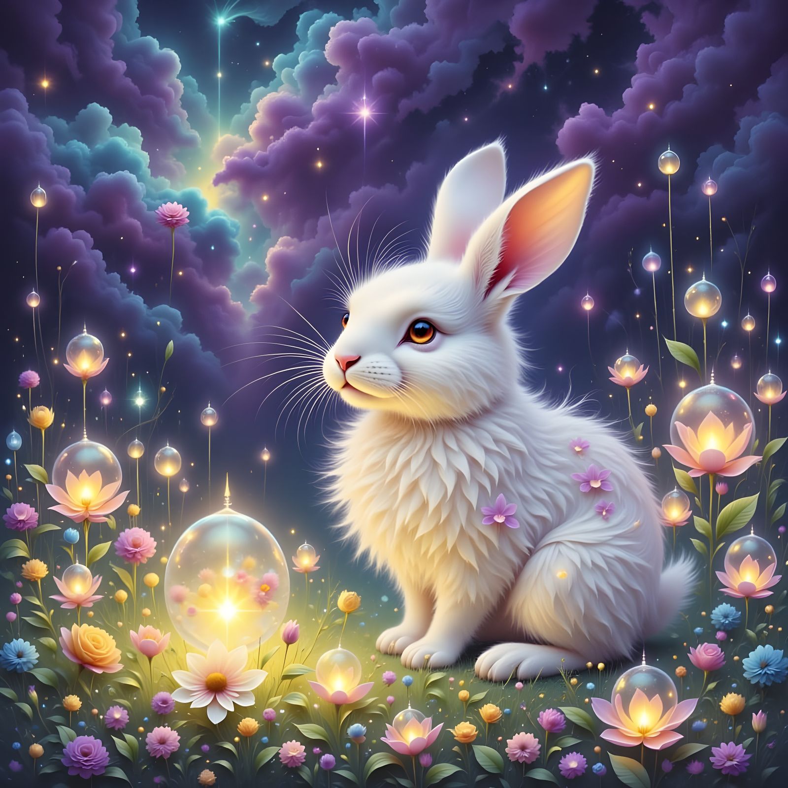 Fluffy Bunny in Ethereal Orb Field - Gouache Masterpiece