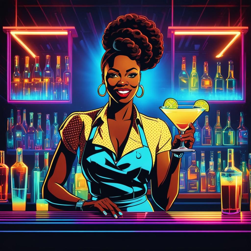 Pop Art Bartender Shaking Drink in Neon Club