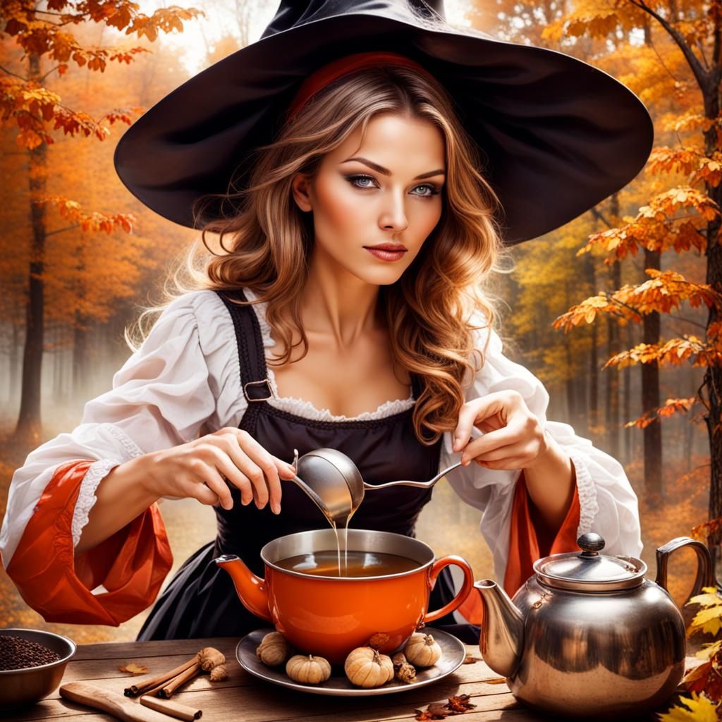 Autumnal Witch: Beautiful Woman Making Tea