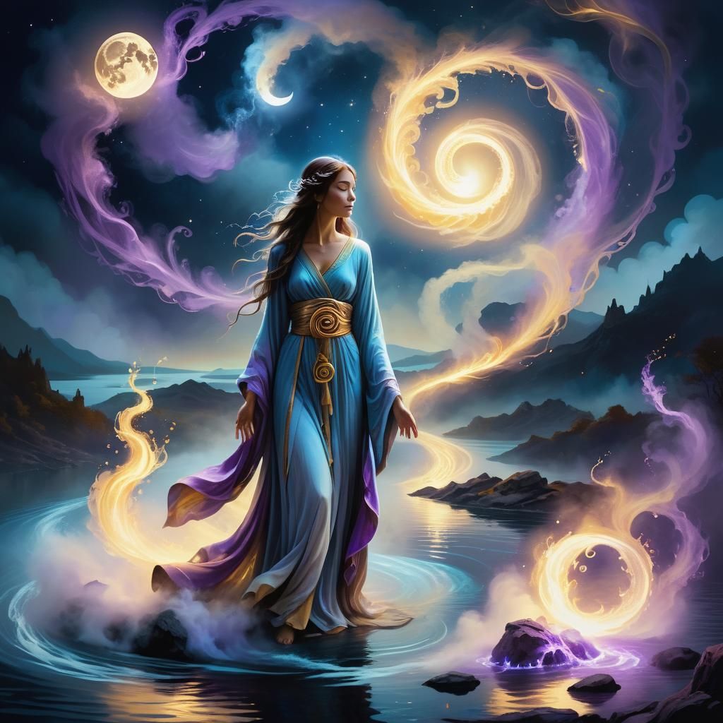 Mystical Woman at River's Edge in Fantasy Art