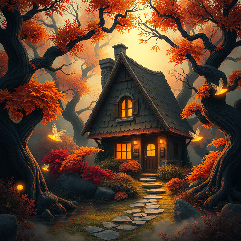 Magical Autumn Cottage with Fairies: Fantasy Concept Art