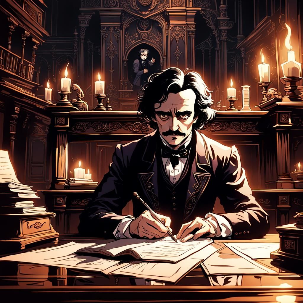 Edgar Allan Poe in Dark Fantasy Anime Style
