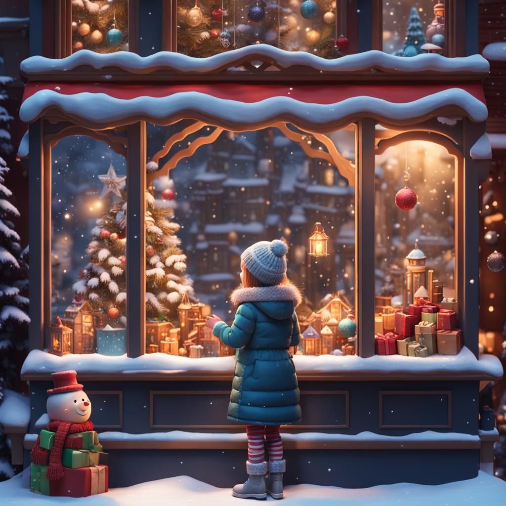 Girl Watches Toys in Snowy Christmas Window
